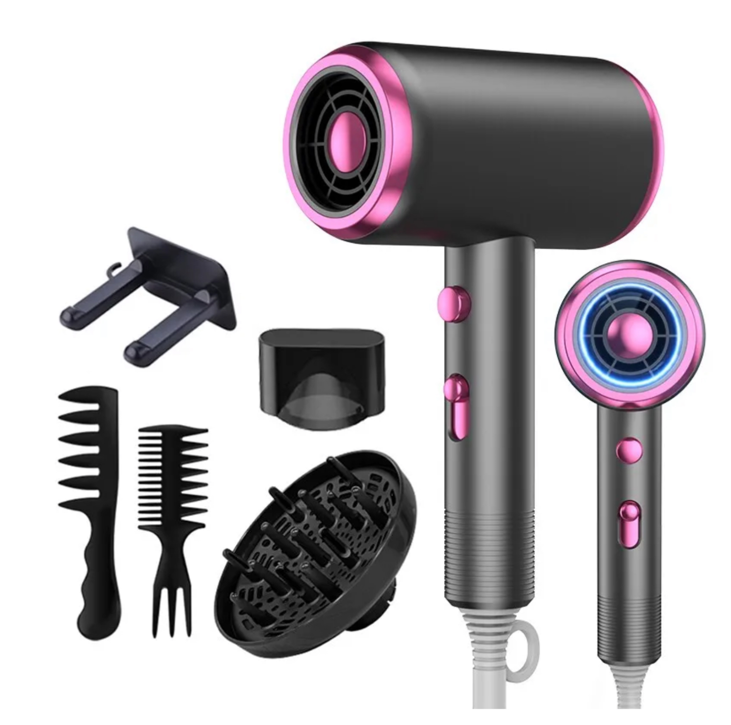 hair dryer with a diffuser is equipped with a blow dryer comb brush and has a power of 1800W. It utilizes ionic technology, ensuring constant temperature and providing hair care without causing damage.
