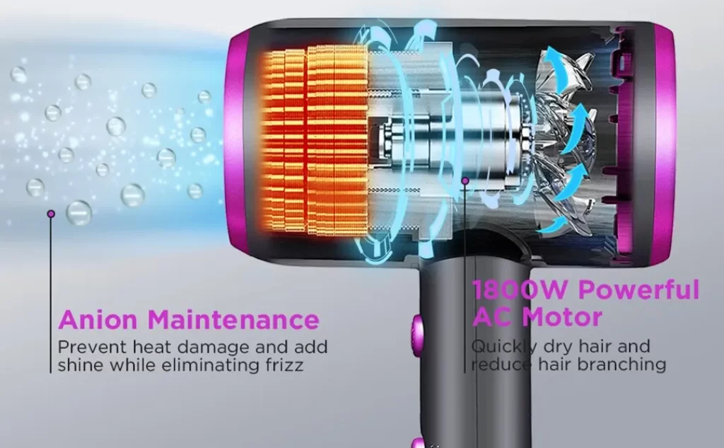 hair dryer with a diffuser is equipped with a blow dryer comb brush and has a power of 1800W. It utilizes ionic technology, ensuring constant temperature and providing hair care without causing damage.