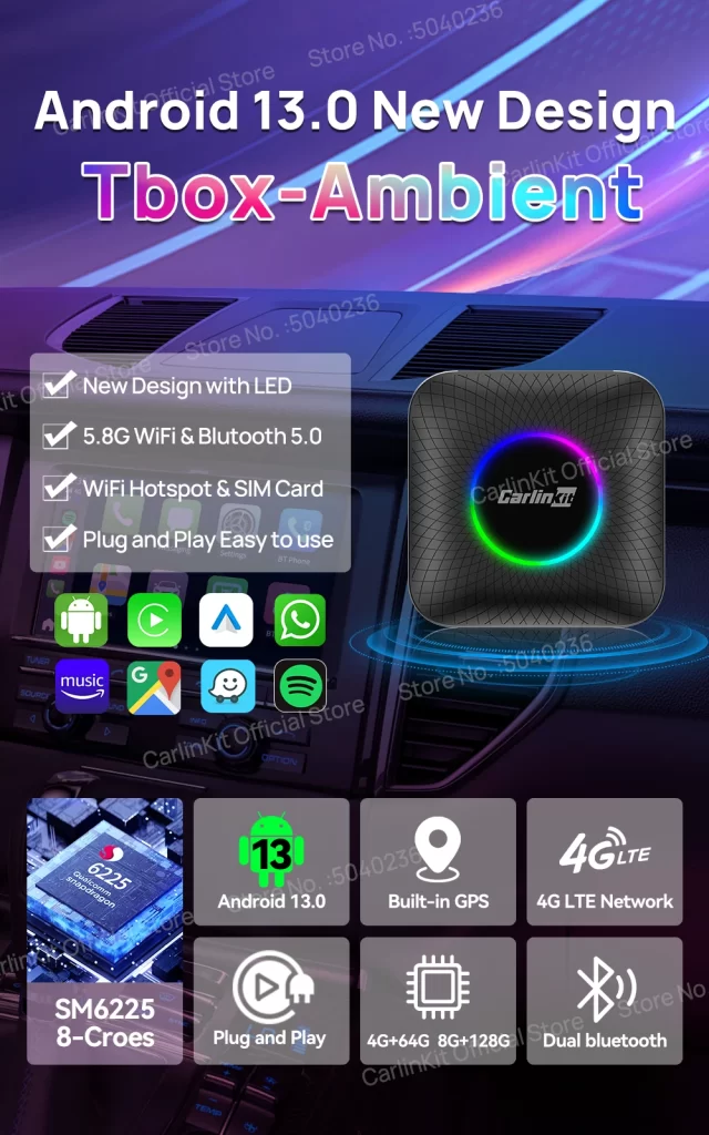 CarlinKit CarPlay AI Box Android 13.0 QCM6225 8-Core Android Auto Wireless CarPlay Adapter 2.4+5GGPS 64G 128G FOTA Upgrade
